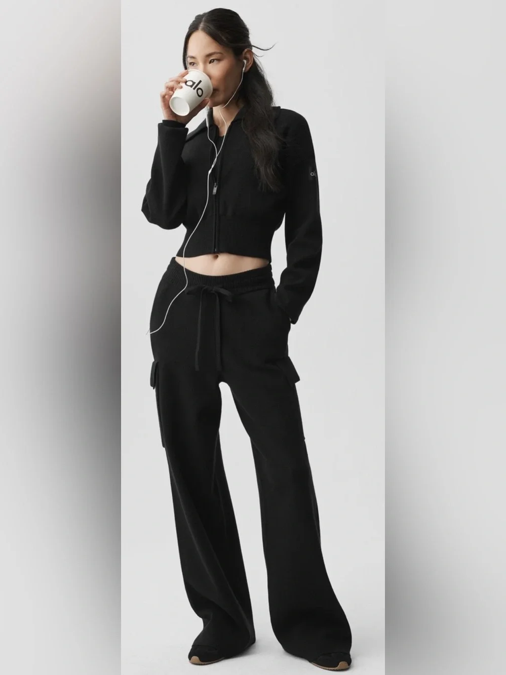 ALO Yoga Black Scholar Knit High-Waist Cargo Pant Trousers
